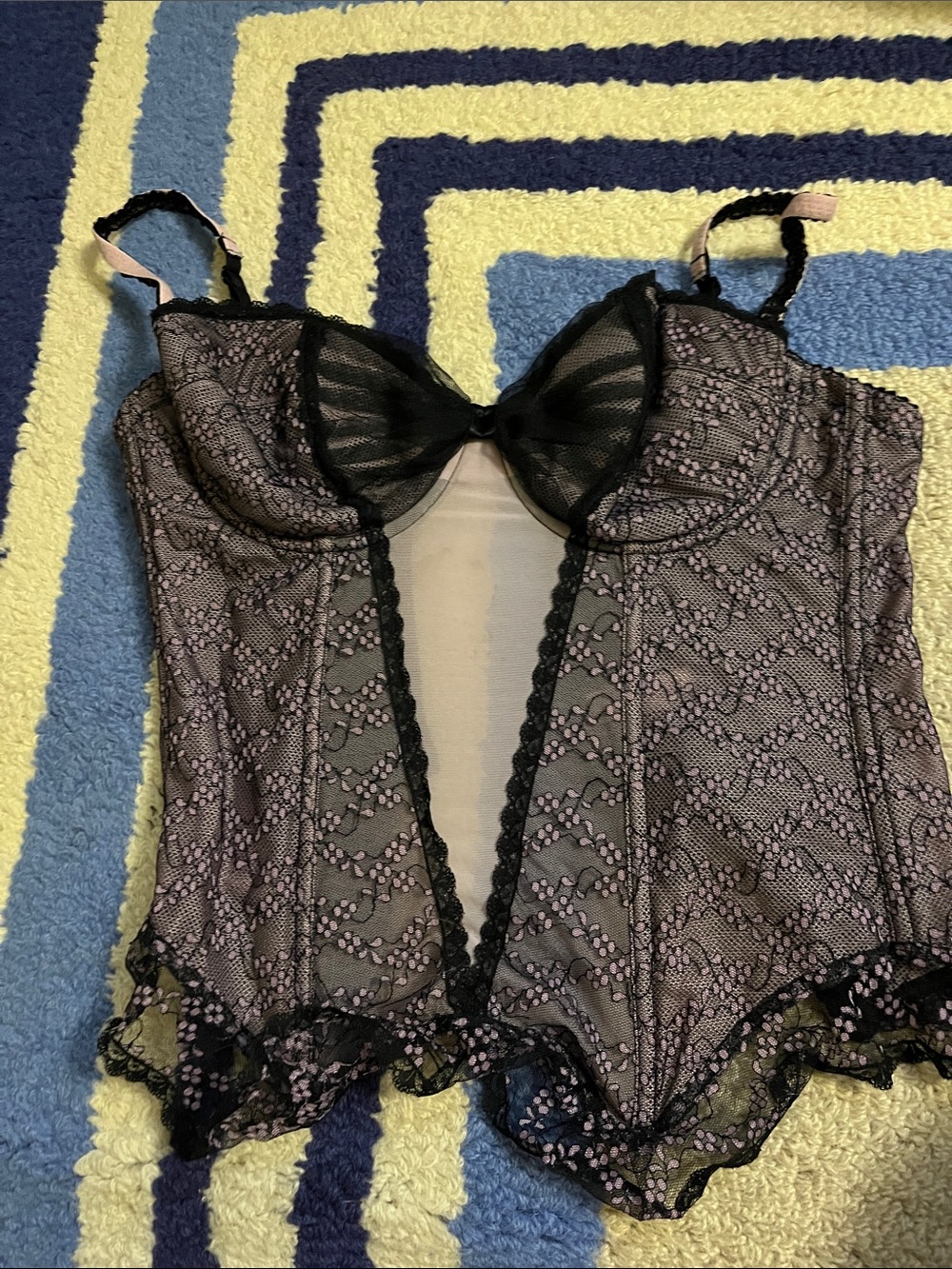🖤💗 Victoria's Secret Black & Light Pink Lace Corset Bustier Top 36C Like New